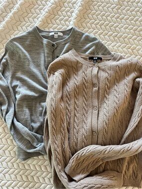 UNIQLO Women's Cable-Knit Cardigan and Crew Sweater - Beige & Light Gray